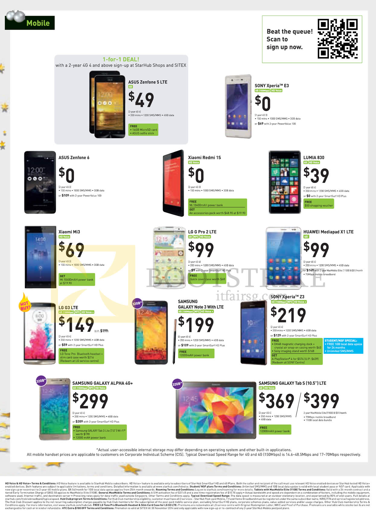 SITEX 2014 price list image brochure of Starhub Mobile ASUS Zenfone 5, 6, Sony Xperia E3 Z3, Xiaomi Redmi 1S Mi3, Lumia 830, LG G Pro 2 G3, Huawei Mediapad X1, Samsung Galaxy Note 3, Alpha 4G, Tab S 10.5