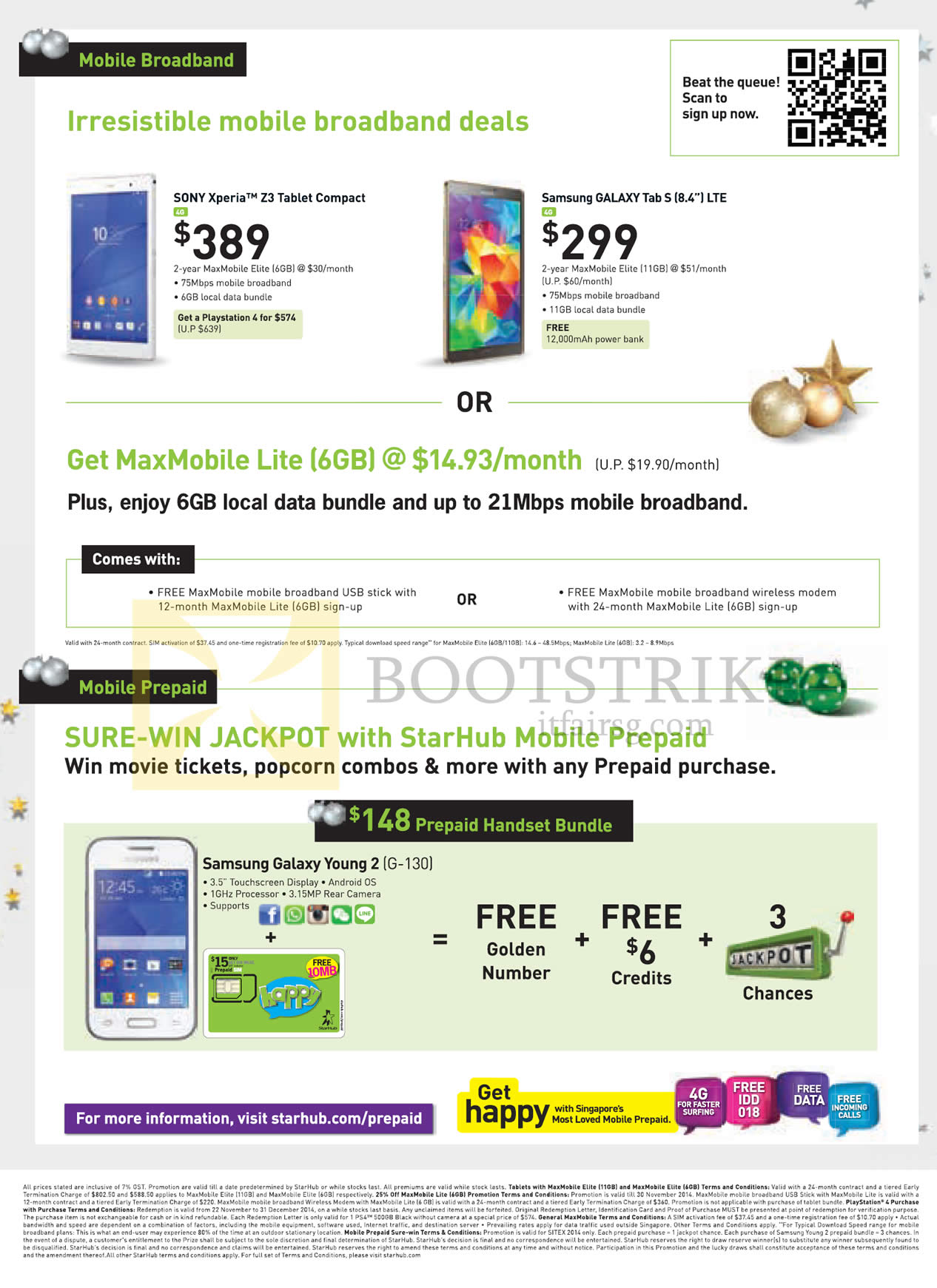 SITEX 2014 price list image brochure of Starhub Mobile Broadband, Prepaid, Sony Xperia Z3, Galaxy Tab S 8.4, Lite, Galaxy Young 2