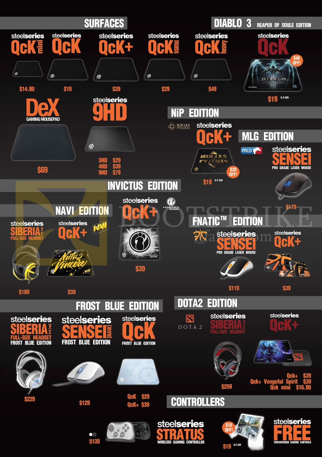 SITEX 2014 price list image brochure of SteelSeries Surfaces, Diablo 3, NiP, Invictus, Fnatic, Navi, Frost Blue, Dota2 Edition, Controllers