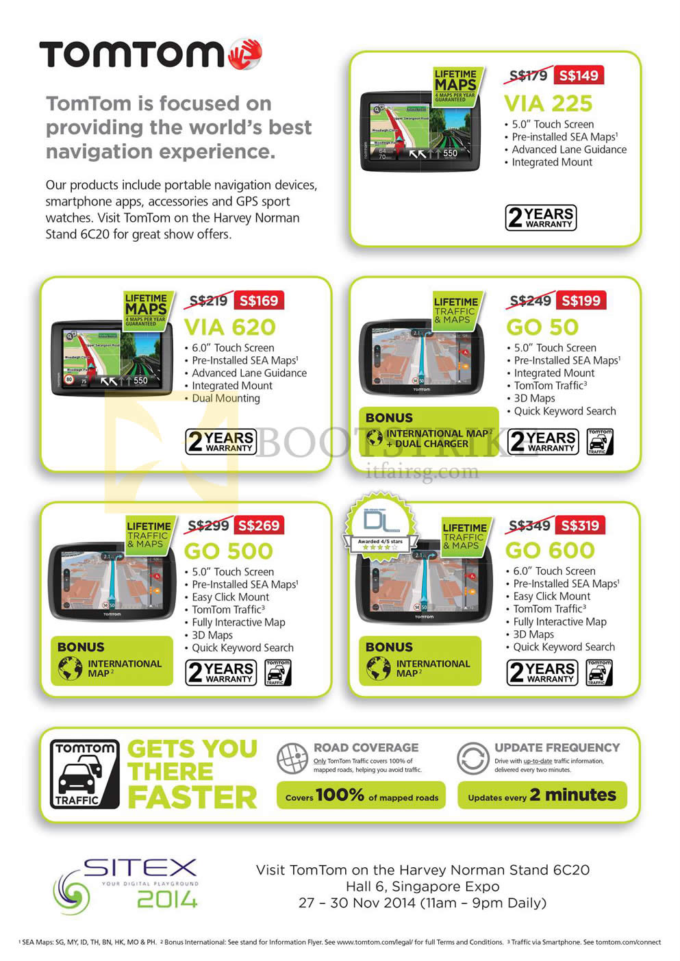 SITEX 2014 price list image brochure of Tomtom GPS Navigators VIA 620, VIA 225, GO 50, GO 500, GO 600