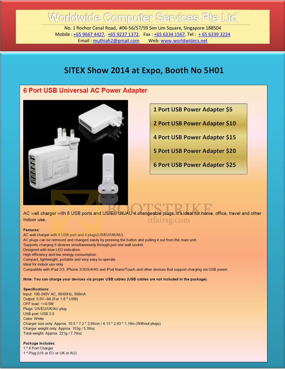 SITEX 2014 price list image brochure of Worldwide Computer Services 6 Port USB Universal AC Power Adapter