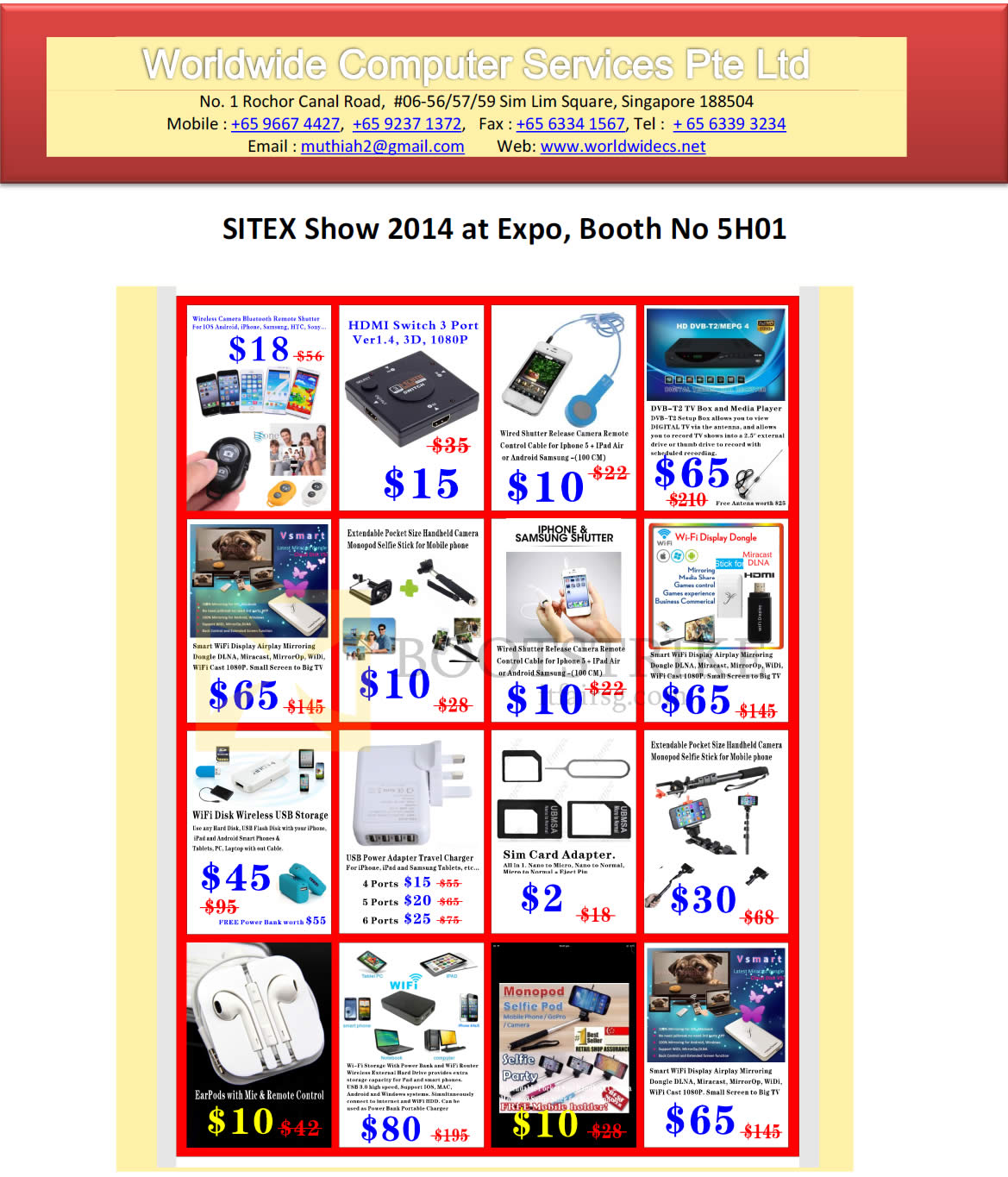 SITEX 2014 price list image brochure of Worldwide Computer Services Accessories, Sim Card Adapter, Power Adapter Travel Charger, Wireless USB Storage, Handheld Camera, Wi-fi Display Dongle