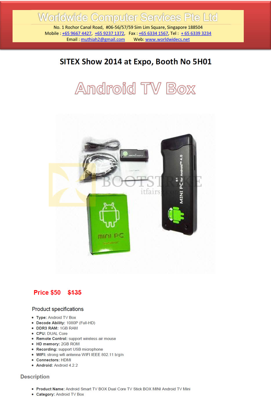 SITEX 2014 price list image brochure of Worldwide Computer Services Android TV Box