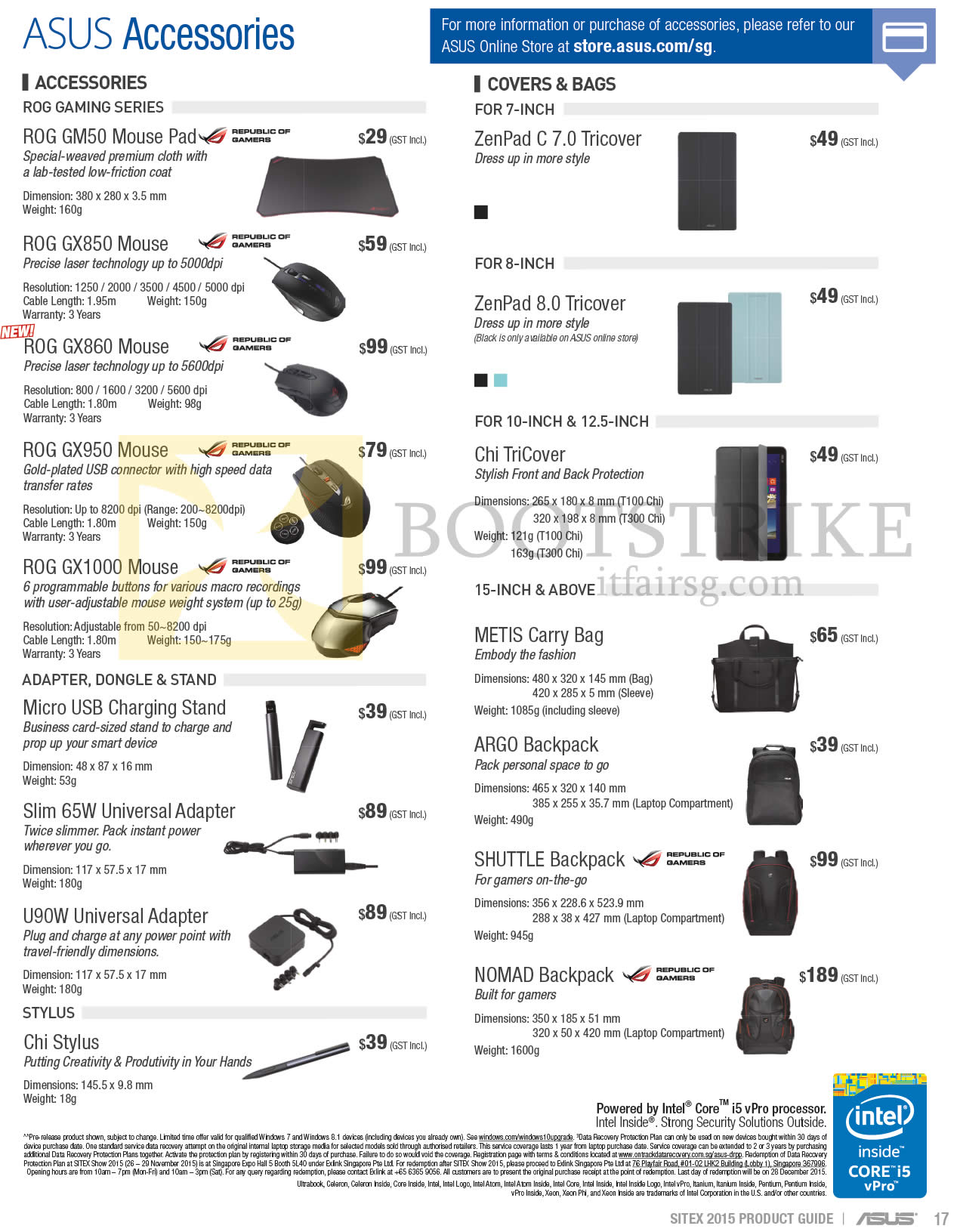 SITEX 2015 price list image brochure of ASUS Accessories ROG GM50 Mouse Pad, GX850 GX860 GX950 GX1000 Micro USB Charging Stand, Slim 65W Universal Adapter, U90W Universal Adapter, Chi Stylus, ZenPad C 7.0 Tricover, 8.0