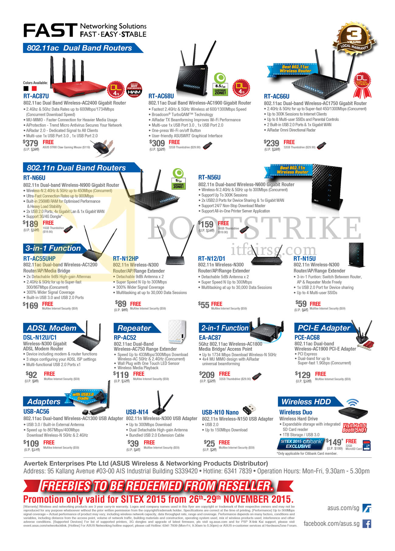 SITEX 2015 price list image brochure of ASUS Networking Routers RT-AC87U, AC68U, AC66U, N66U, N56U, AC55UHP, N12HP, N12D1, N15U, DSL-N12UC1, RP-AC52, EA-AC87, PCE-AC68, USB-AC56, N14, N10 Nano