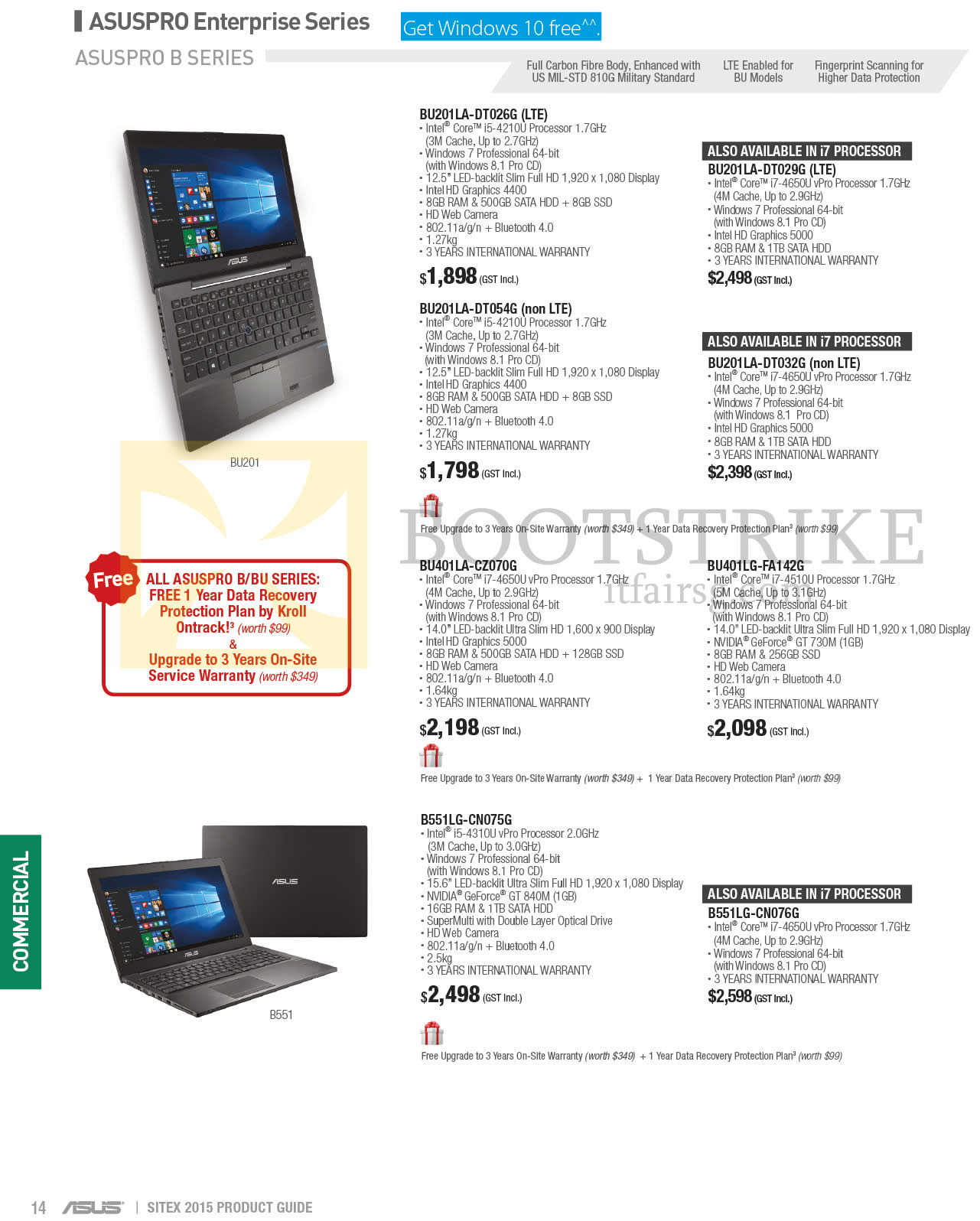 SITEX 2015 price list image brochure of ASUS Notebooks ASUSPro Enterprise B Series BU201LA-DT026G, BU201LA-DT054G, BU201LA-DT029G, BU201LA-DT032G, BU401LA-CZ070G, BU401LG-FA142G, B551LG-CN075G, B551LG-CN076G
