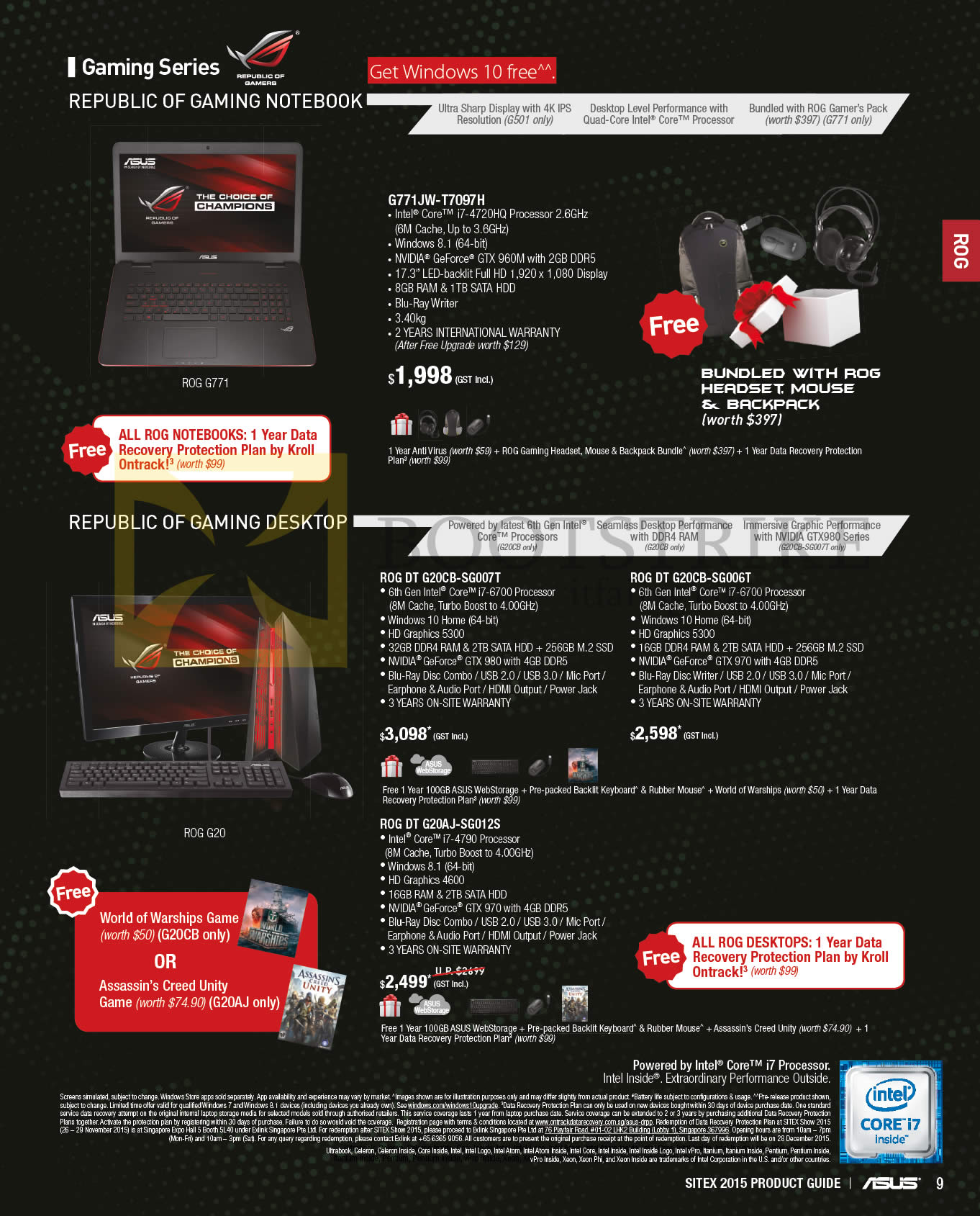 SITEX 2015 price list image brochure of ASUS Notebooks ROG, Desktop PCs, G771JW-T7097H, ROG DT G20CB-SG007T, ROG DT G20CB-SG006T, ROG DT G20AJ-SG012S