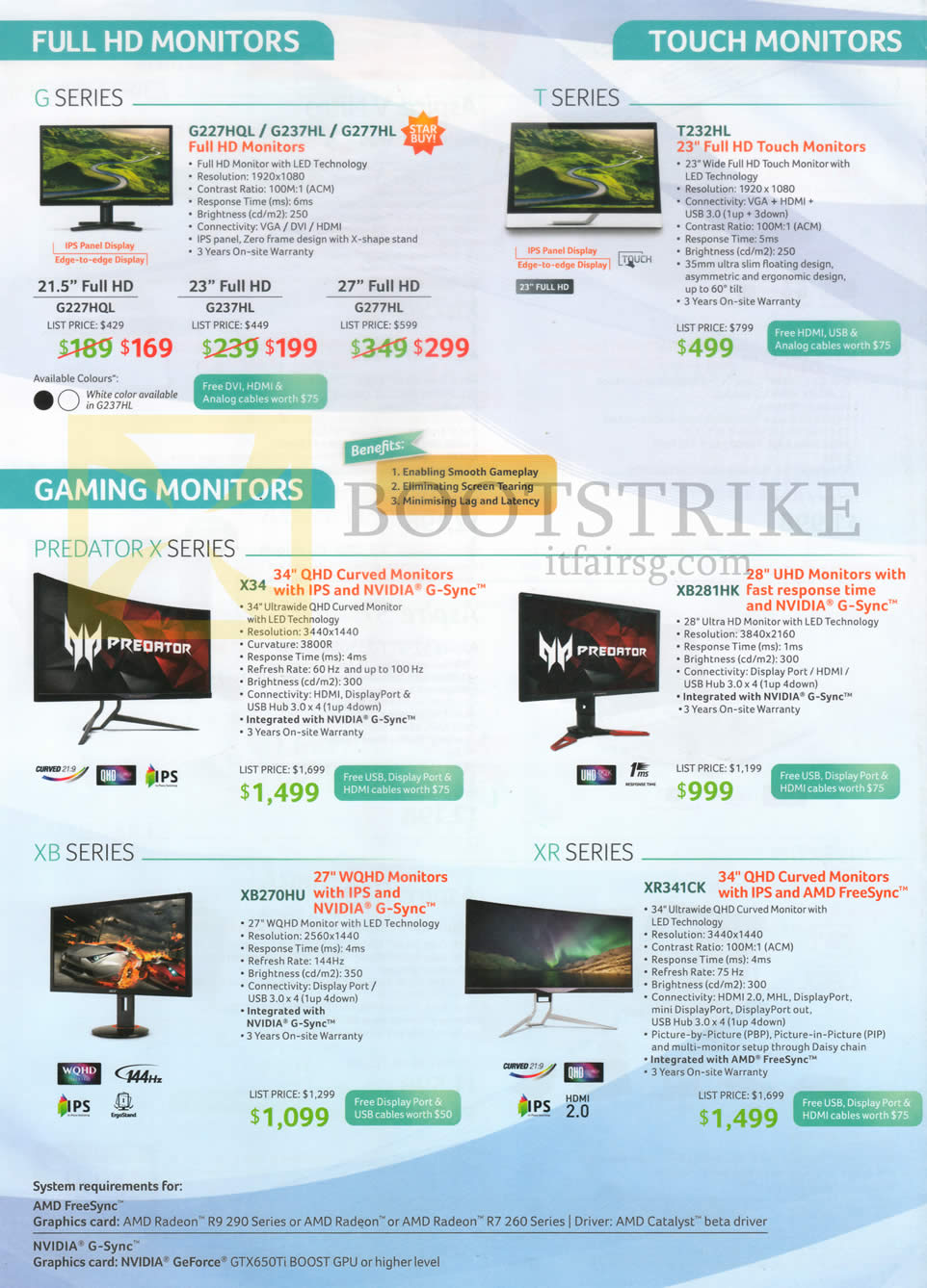 SITEX 2015 price list image brochure of Acer Monitors, G227HQL, G237HL, G277HL, T232HL, Predator X, X34, XB281HK, XB270HU, XR341CK