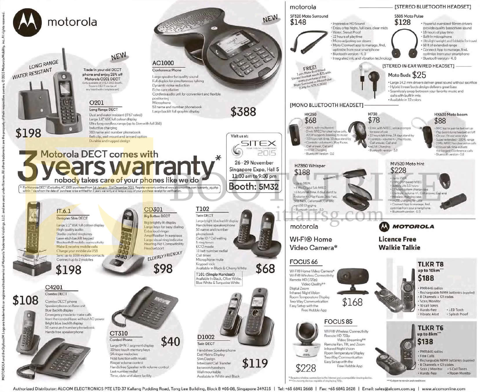 SITEX 2015 price list image brochure of Alcom Motorola, Dect Phones, O201, AC1000, IT.6.1, CD301, T102, C4201, CT310, D1002, Headset, SF520, S505, HK250, H730, HX600, HZ850, MV520, Walkie Talkie, IPCam, Focus 66, 85