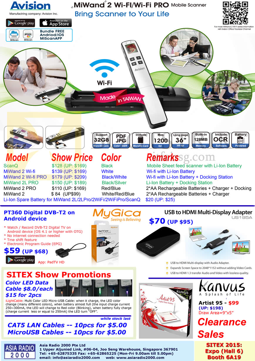 SITEX 2015 price list image brochure of Asia Radio Scanner, Multi Display Adapter, Digital DVB-T2 Avision MiWand 2 Wifi, Wifi Pro, Mygica, Kanvus