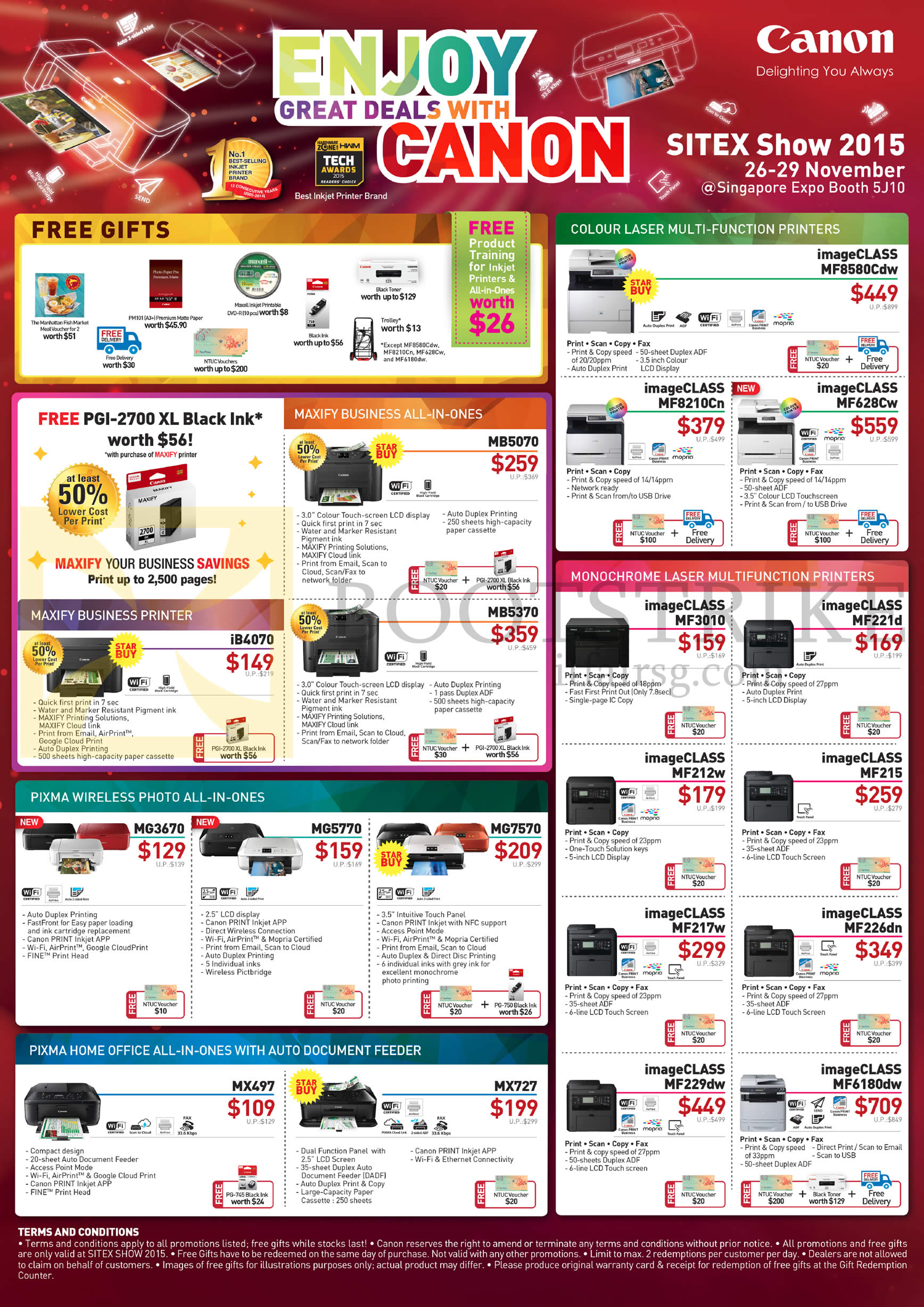 SITEX 2015 price list image brochure of Canon Printers Scanners, MG2570S 2970, IP2870S 7270 110, IX6870, ImageCLASS LBP6030w 6030 6230dn 7110CW 7018C 7100Cn, IP8770, PRO-100 1 10, LiDE 120 220 CS9000F Mark II, DR-F120, P208II