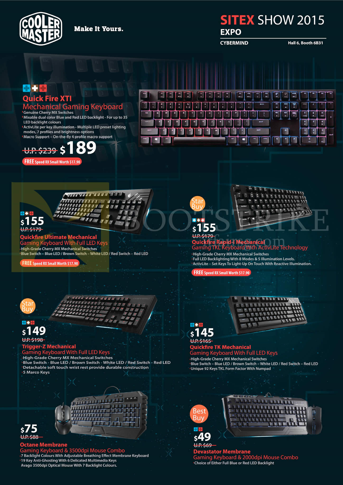 SITEX 2015 price list image brochure of Cooler Master Keyboards QuickFire XTI, Ultimate Mechanical, Rapid-I, Trigger-Z, TK, Octane, Devastator Membrane