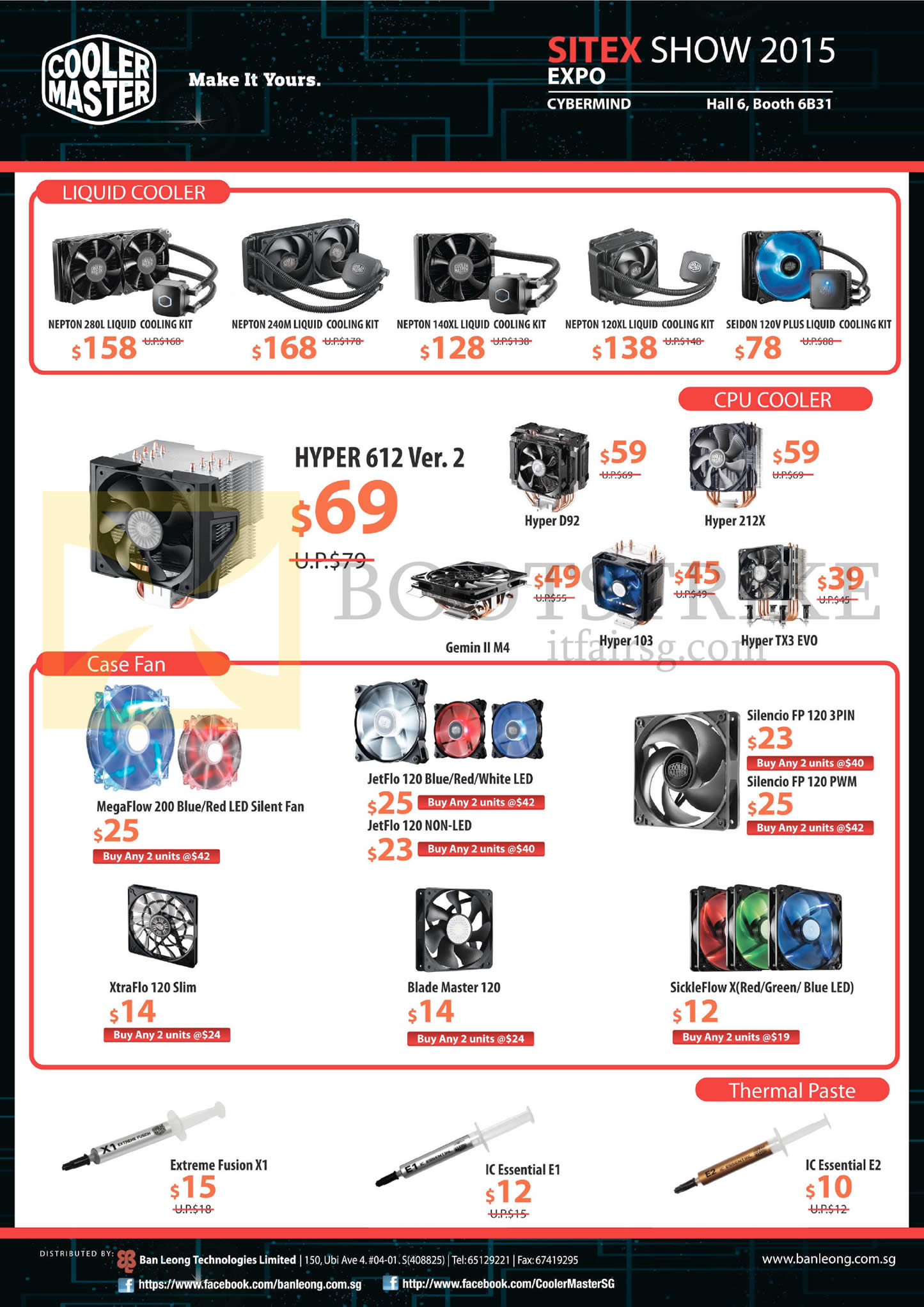 SITEX 2015 price list image brochure of Cooler Master Liquid Cooler, Case Fan, CPU Cooler, Nepton 280L, 240M, 140XL, 120XL, 120V Plus Liquid Cooling Kit, Hyper 612 Ver.2, Megaflow 20, Jetflo 120, Silencio FP120, Megaflow 200, Jetflo 120