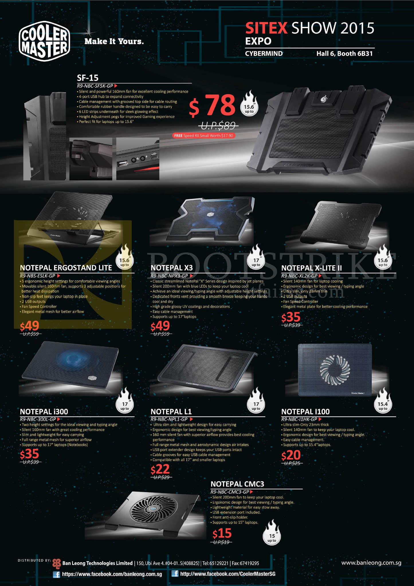 SITEX 2015 price list image brochure of Cooler Master Notebook Cooler SF-15, Notepal Ergostand Lite, X3, X-Lite II, I300, L1, L100, CMC3