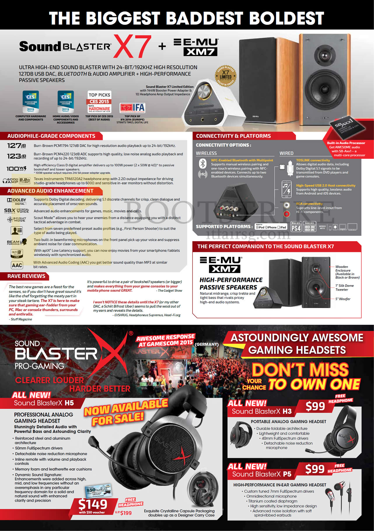 SITEX 2015 price list image brochure of Creative Speakers, Sound Blaster X7, Headphones, Sound BlasterX H5, H3, P5
