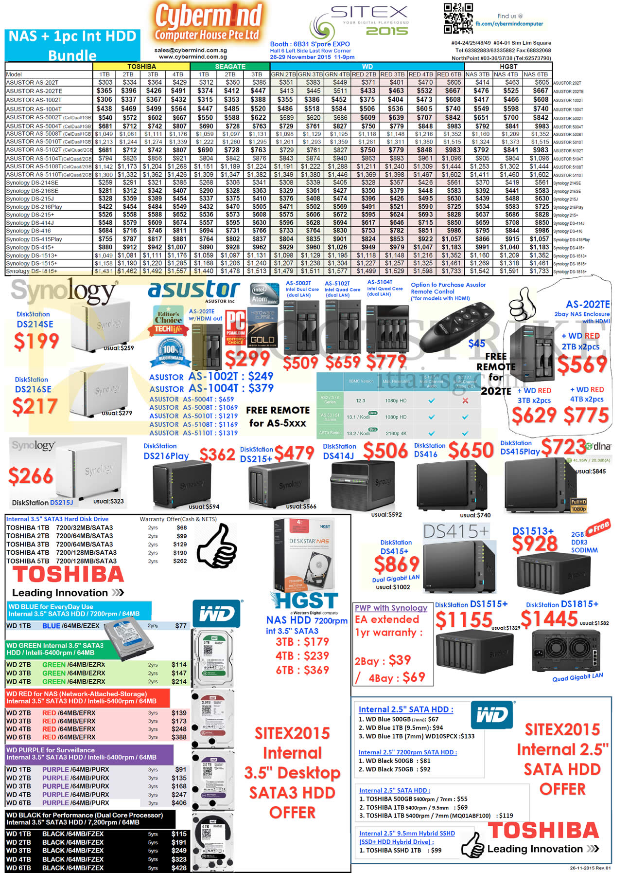 SITEX 2015 price list image brochure of Cybermind NAS Bundles, Synology, Asustor, Toshiba Hard Disk Drives