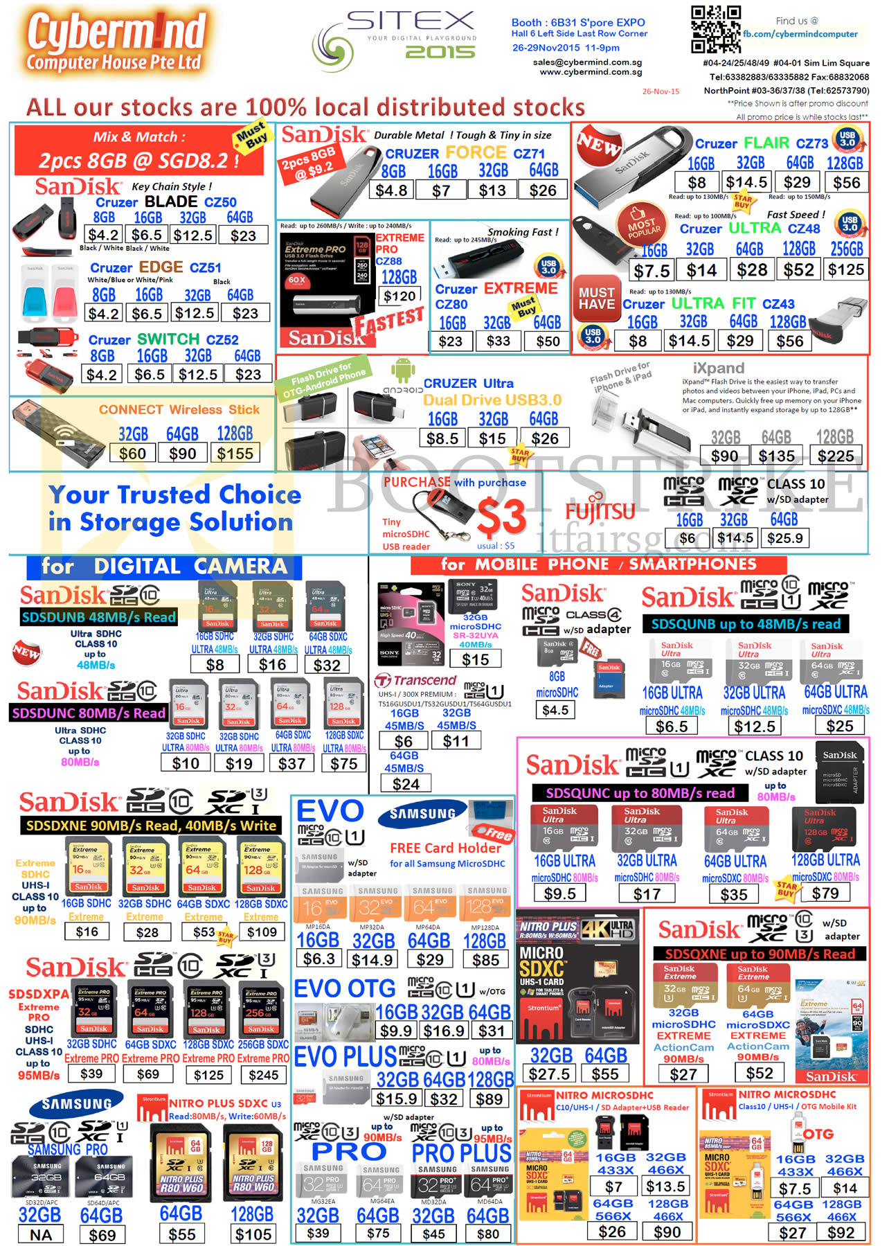SITEX 2015 price list image brochure of Cybermind Thumb Drives, SD Cards, Sandisk, Cruzer Blade, Force, Flair, Ultra, Ultra Fit, Switch, Evo, Evo OTG, Evo Plus, Pro Plus