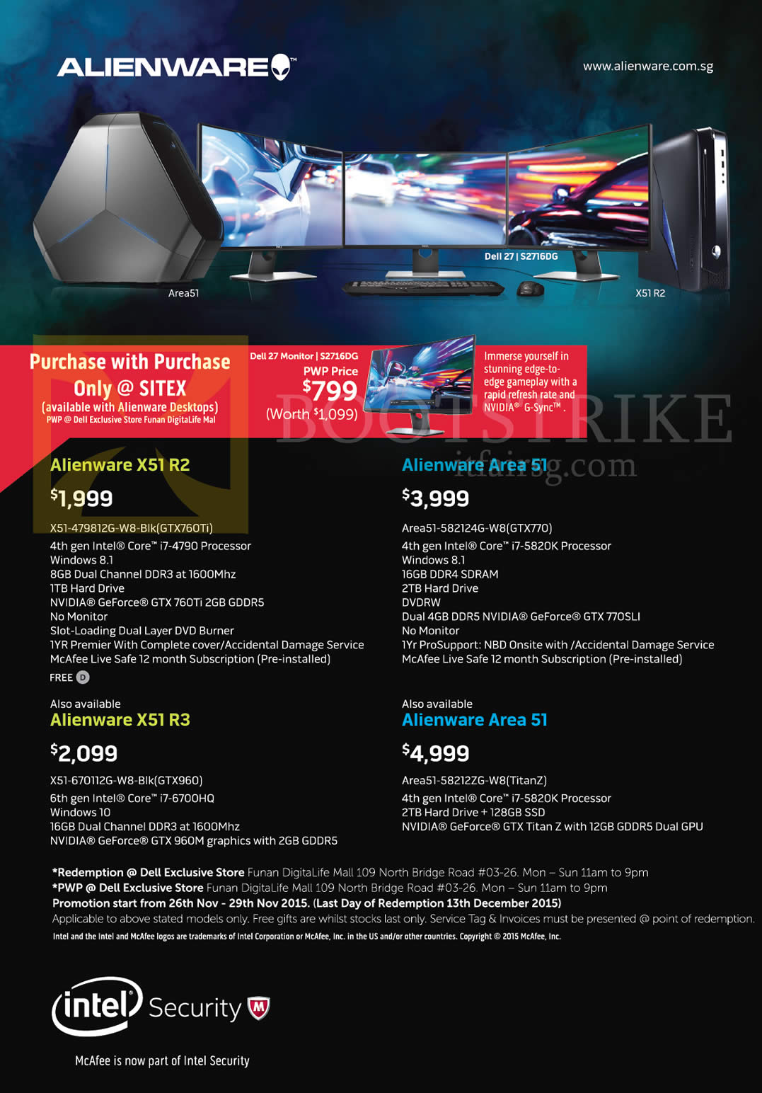 SITEX 2015 price list image brochure of Dell Alienware Desktop PCs, Monitor, S2716DG, X51-479812G-W8-Blk GTX760Ti, Area51-582124G-W8 GTX770, X51-670112G-W8-Blk GTX960, Area51-58212ZG-W8 TitanZ