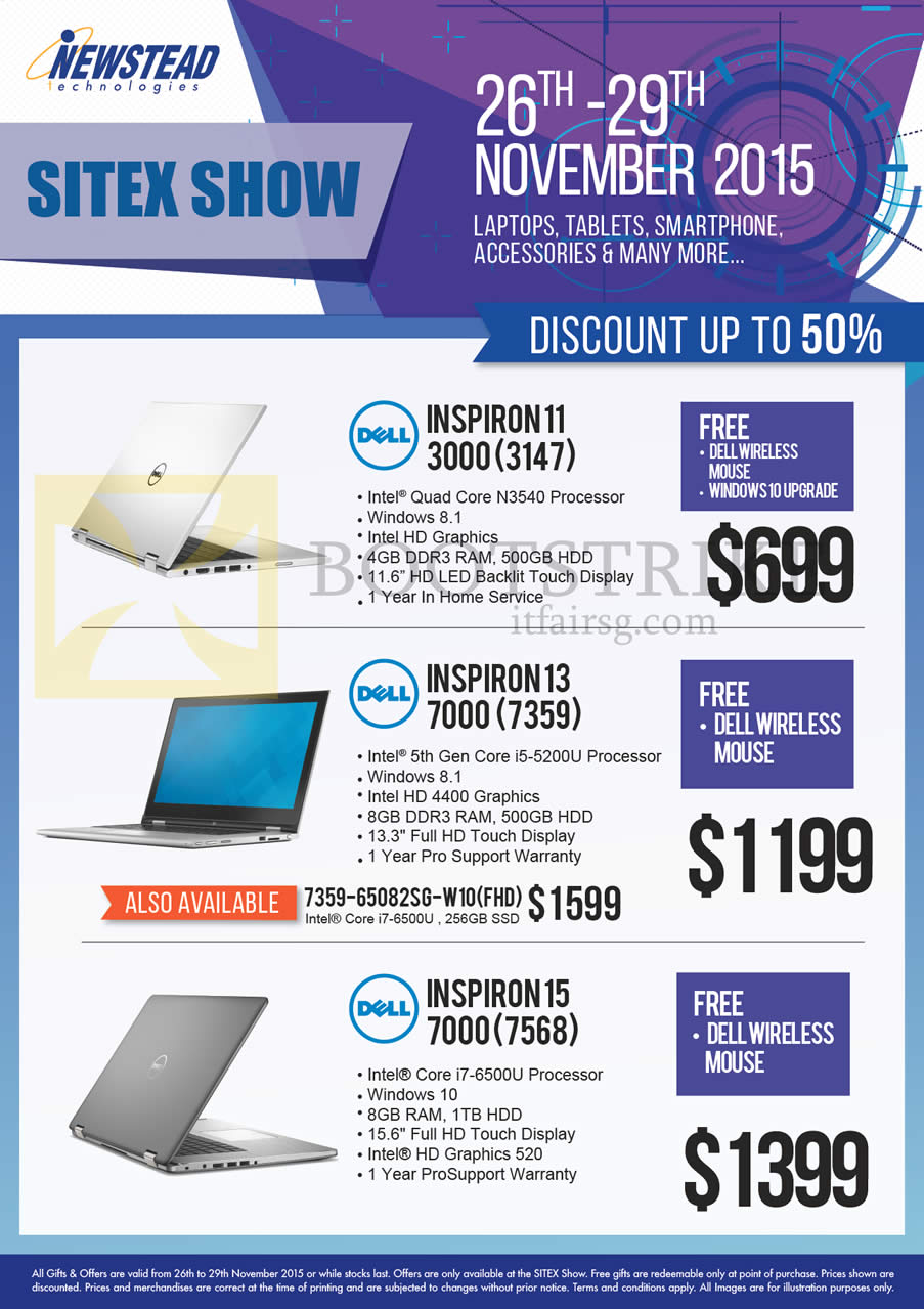 SITEX 2015 price list image brochure of Dell Newstead Notebooks Inspiron 11 3000 3147 N3540, 13 7000 7359 5200U, 7359-65082SG-W10, 7000 7568 6500U