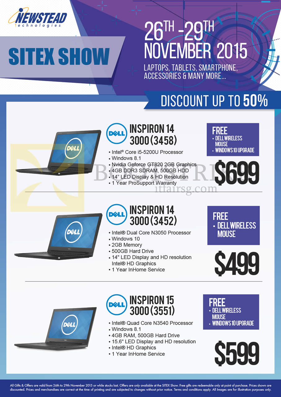 SITEX 2015 price list image brochure of Dell Newstead Notebooks Inspiron 14 3000 3458 5200U, 14 3000 3452 N3050, 15 3000 3551 N3540