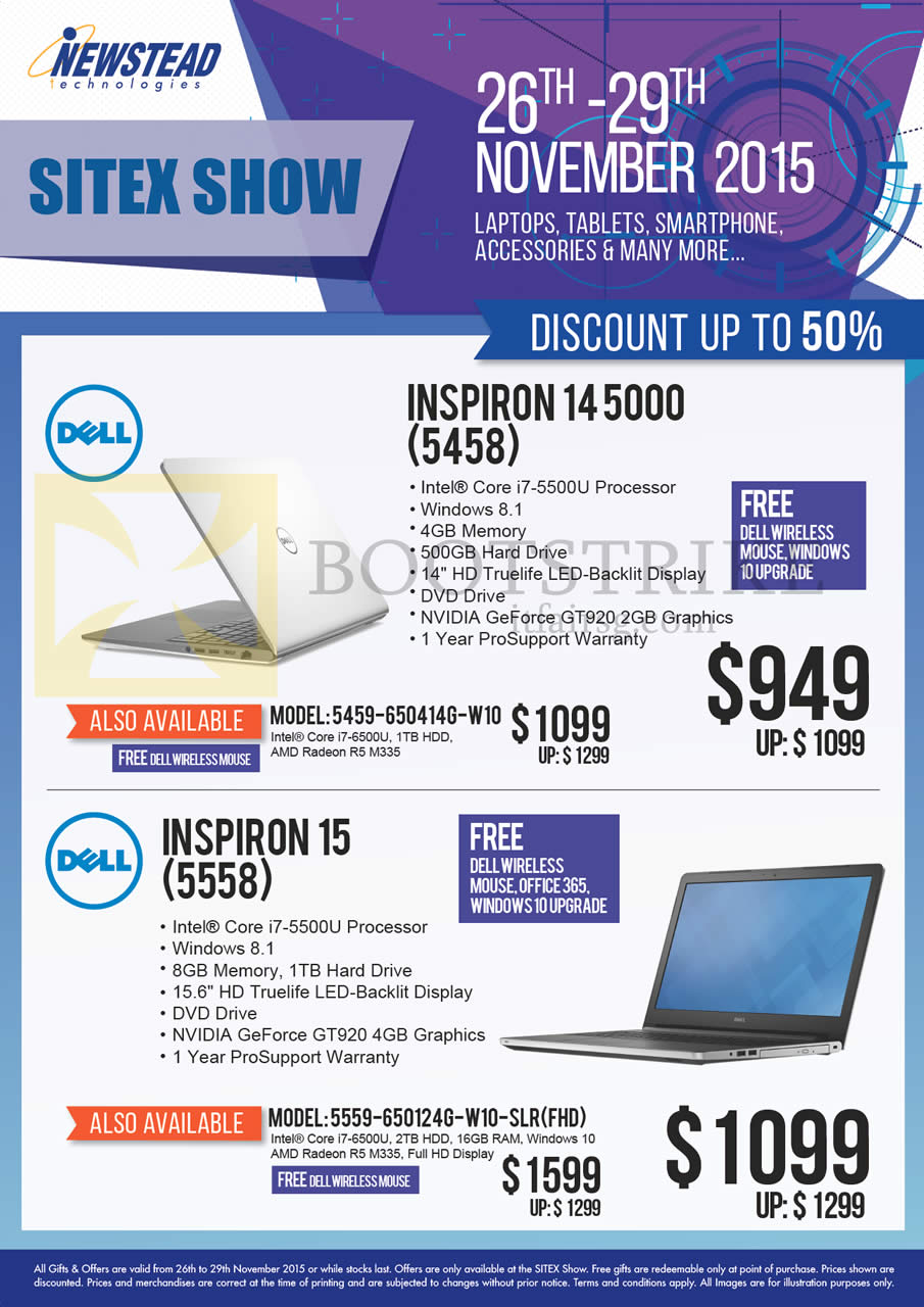 SITEX 2015 price list image brochure of Dell Newstead Notebooks Inspiron 14 5000 5458 5500U, 15 5558 5500U, 5459-650414G-W10, 5559-650124G-W10-SLR
