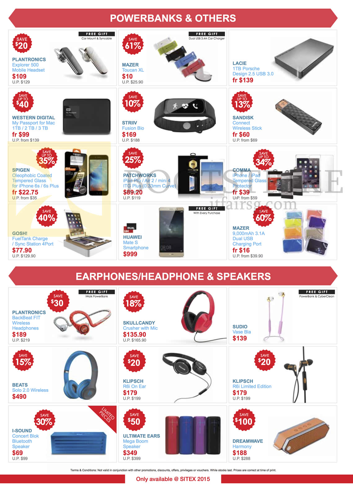 SITEX 2015 price list image brochure of EpiCentre PowerBanks, Earphones, Headphones, Speakers, Plantronics, Mazer, Lacie, Sandisk, Striiv, Western Digital, Goshi, Guawei, Skullcandy