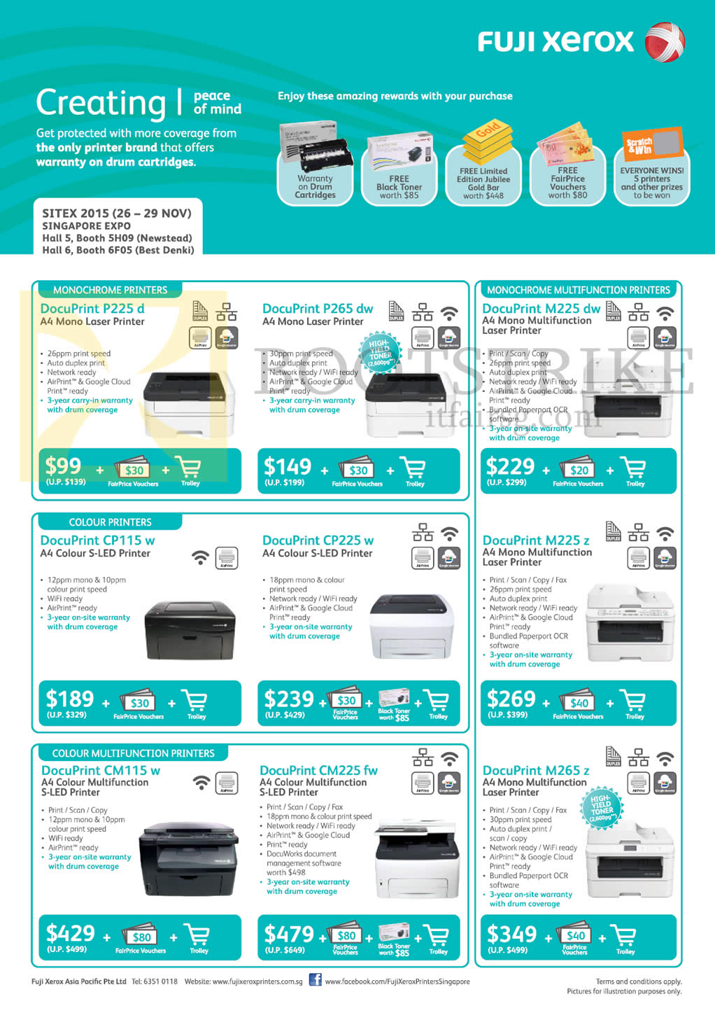 SITEX 2015 price list image brochure of Fuji Xerox Printers DocuPrint P225d, P265dw, M225dw, M225z, CP225w, CP115w, CM115W, CM225fw, M265z