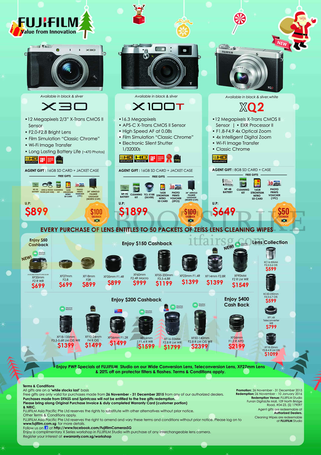 SITEX 2015 price list image brochure of Fujifilm Digital Cameras X30, X100T, XQ2, Lenses, Lense Cleaning Wipes
