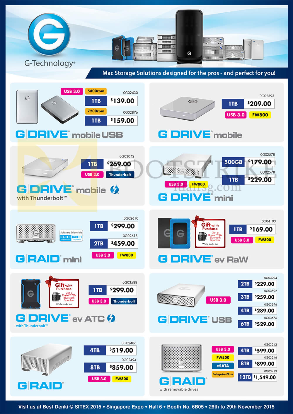 SITEX 2015 price list image brochure of G-Technology Storage Solutions G Drive Mobile USB, Mobile, Mobile With Thunderbolt, Mini, Ev Raw, Ev ATC, USB, G Raid, Raid Mini