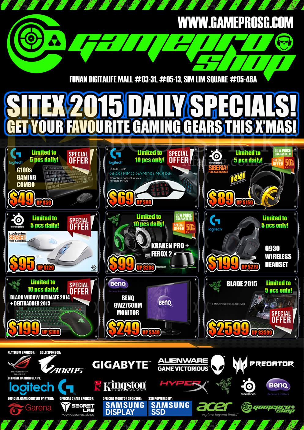 SITEX 2015 price list image brochure of Gamepro Keyboards, Mouse, Headphones, Monitors, G100s, G600, Siberia, Sensei, Kraken Pro Plus, G930, Black Widow Ultima 2014, BenQ GW2760HM, Blade 2015