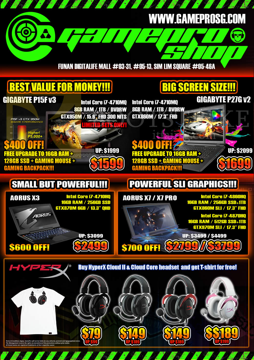 SITEX 2015 price list image brochure of Gamepro Notebooks, Headphones, Gigabyte P15F V3, Gigabyte P27G V2, Aorus X3, X7, X7 Pro, Hyper X