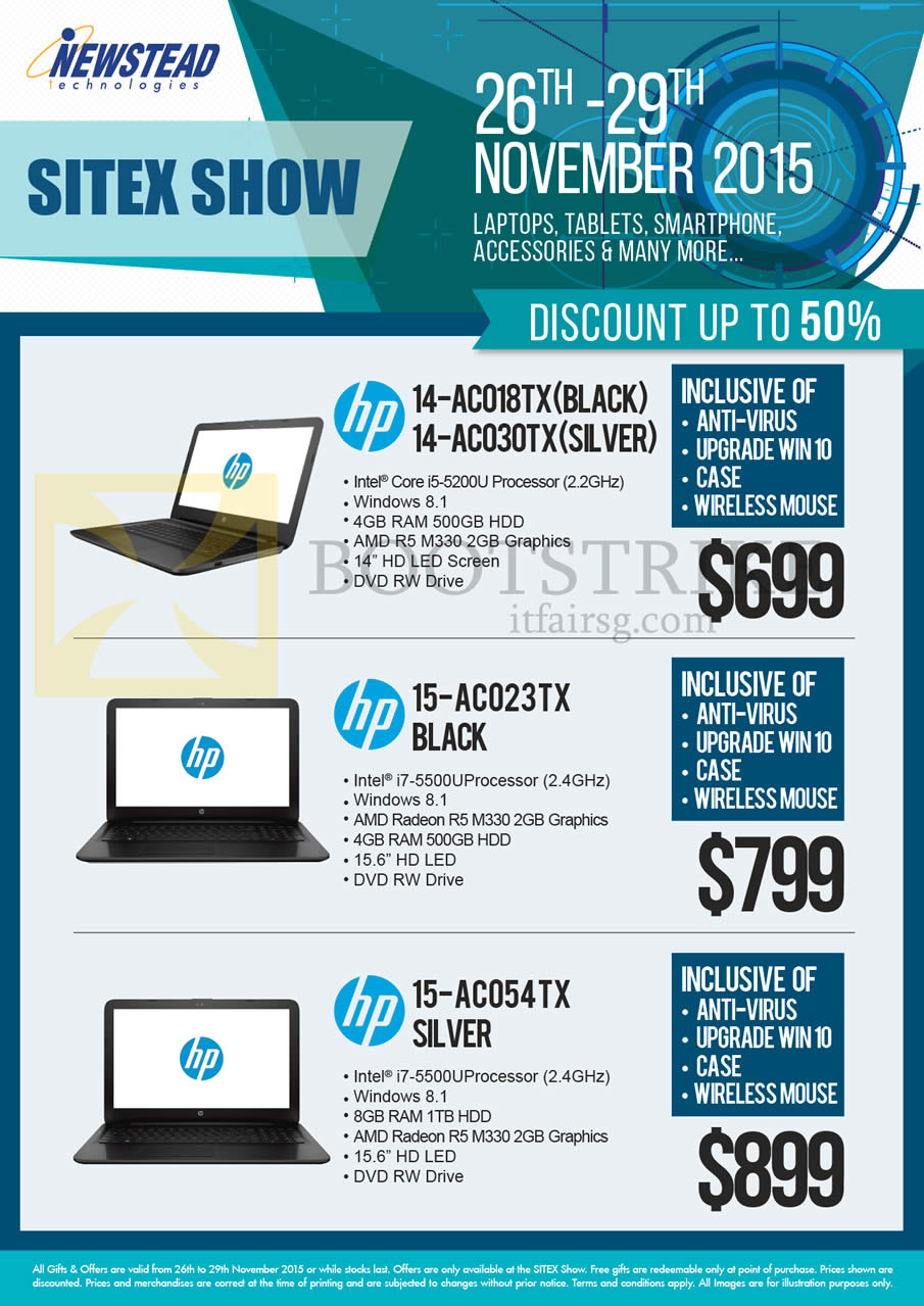 SITEX 2015 price list image brochure of HP Newstead Notebooks 14-AC018TX, 14-AC030TX, 15-AC023TX, 15-AC054TX