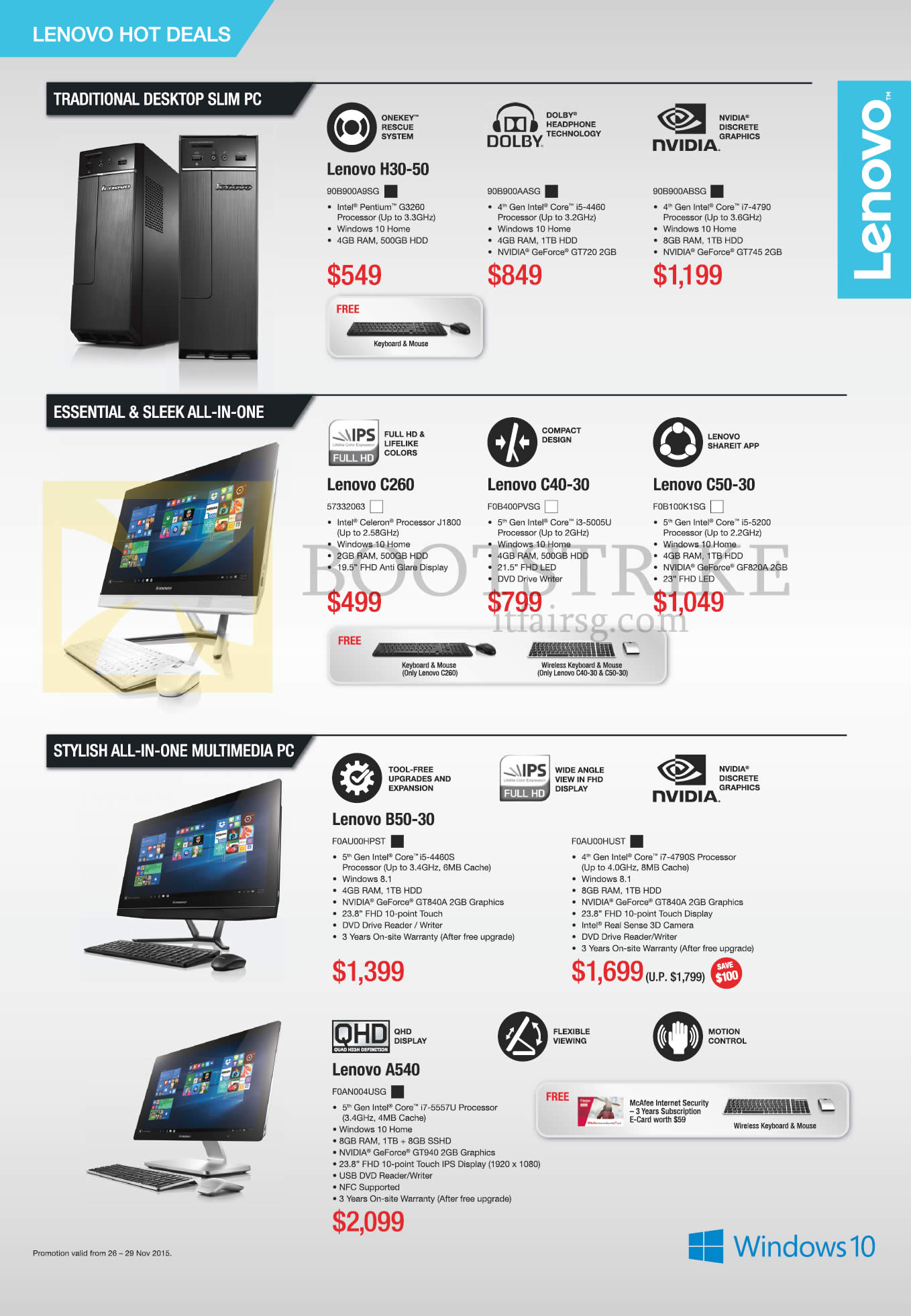 SITEX 2015 price list image brochure of Lenovo Desktop PCs, AIO Desktop PCs, Lenovo H30-50 90B900A9SG, 90B900AASG, 90B900ABSG, Lenovo C260, C40-30, C50-30, B50-30 FOAUOOHPST, FOAUOOHUST, A540 F0AN004USG