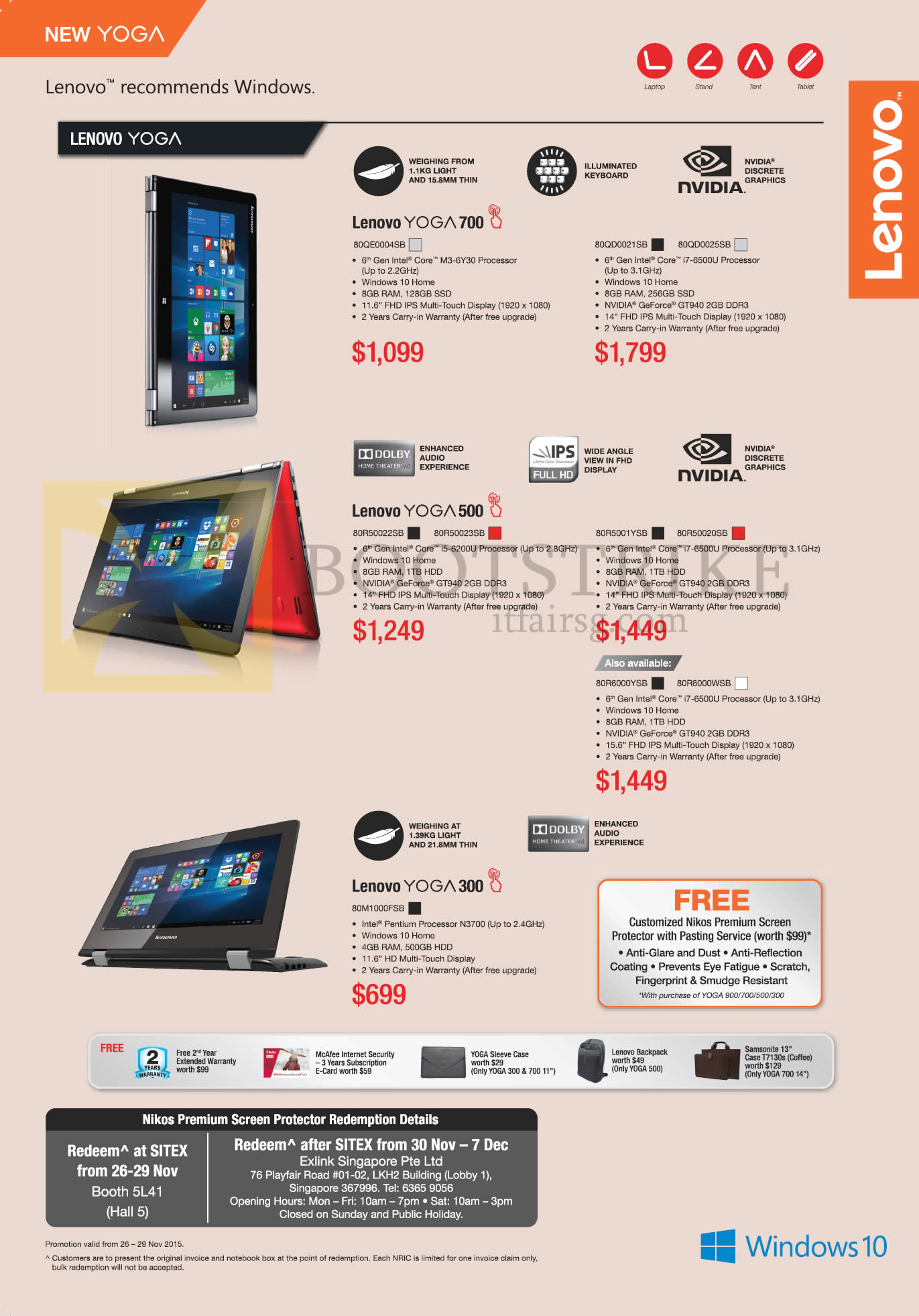 SITEX 2015 price list image brochure of Lenovo Notebooks Yoga 700 80QE0004SB, 80QD0021SB, Yoga 500 80R50022SB, 80R50023SB, 80R6000YSB, Yoga 300 80M1000FSB