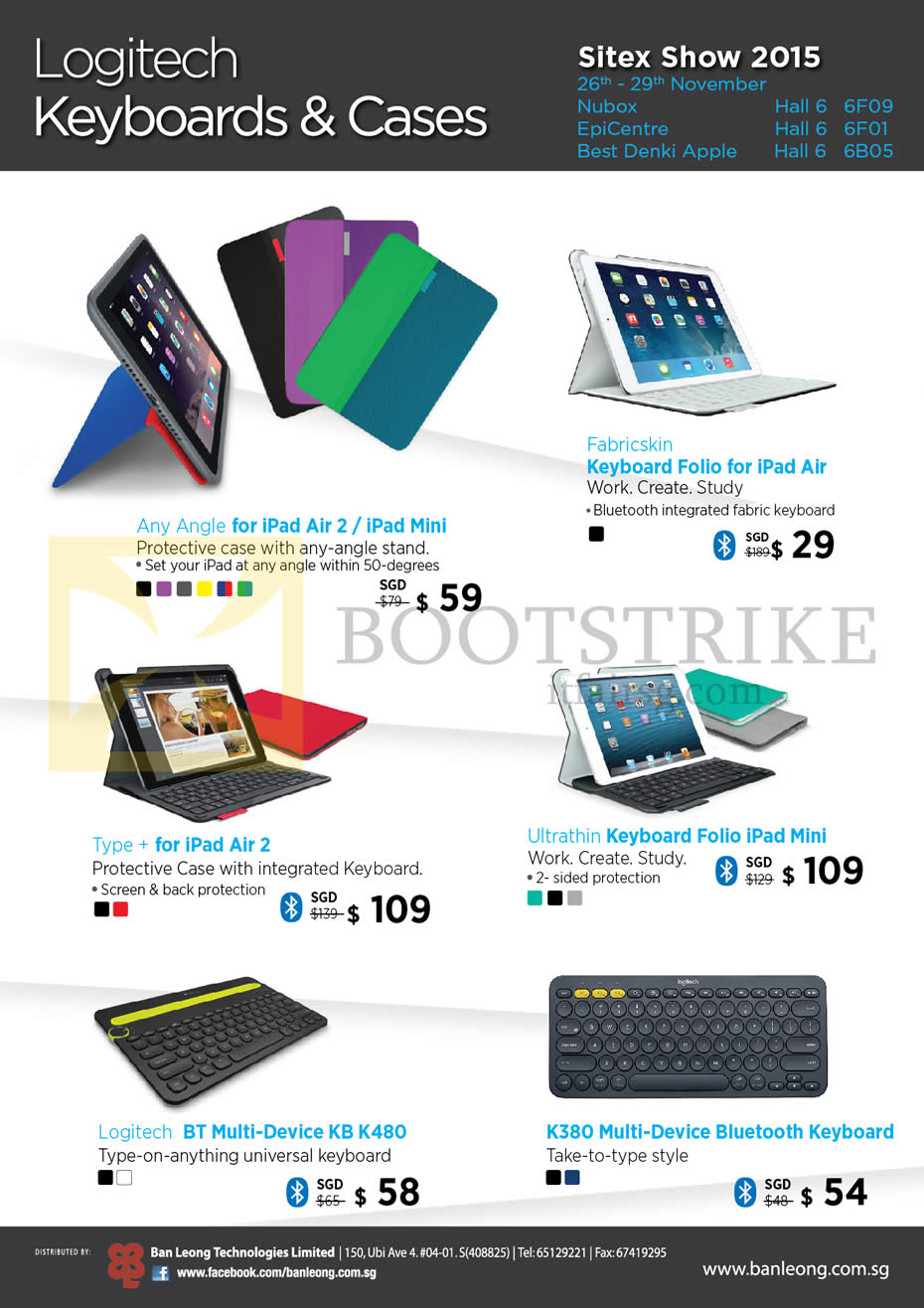 SITEX 2015 price list image brochure of Logitech Keyboards N Cases, Any Angle For IPad Air 2 N IPad Mini, Fabricskin Keyboard Folio, Type, Ultrathin Keyboard Folio, Logitech BT Multi-Device KB K480, K380