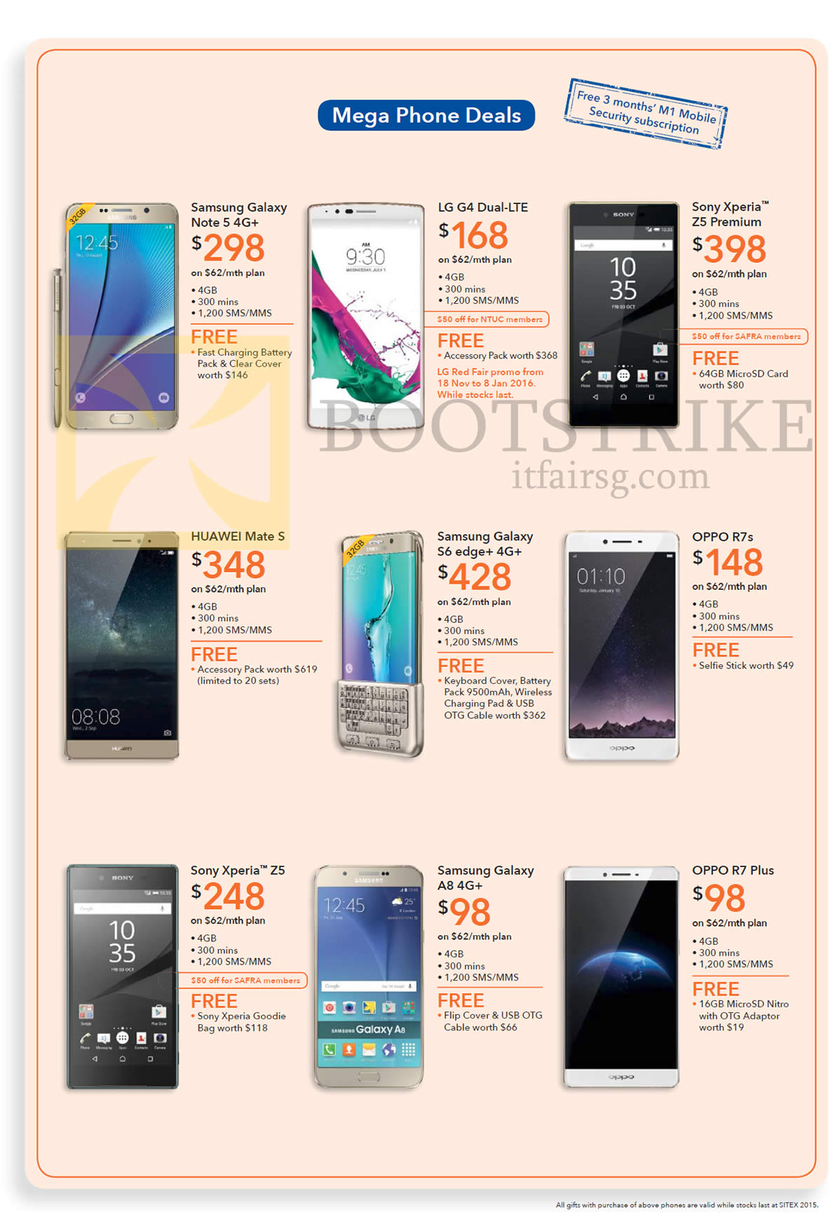 SITEX 2015 price list image brochure of M1 Mobile Phones Samsung Galaxy Note 5 S6 Edge A8, LG G4, Sony Xperia Z5, Huawei Mate S, Sony Xperia Z5, Oppo R7 R7s Plus