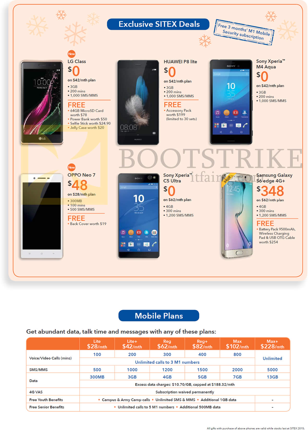 SITEX 2015 price list image brochure of M1 Mobile Smartphone LG Class, Huawei P8 Lite, Sony Xperia M4 Aqua C5 Ultra, Oppo Neo 7, Samsung Galaxy S6 Edge