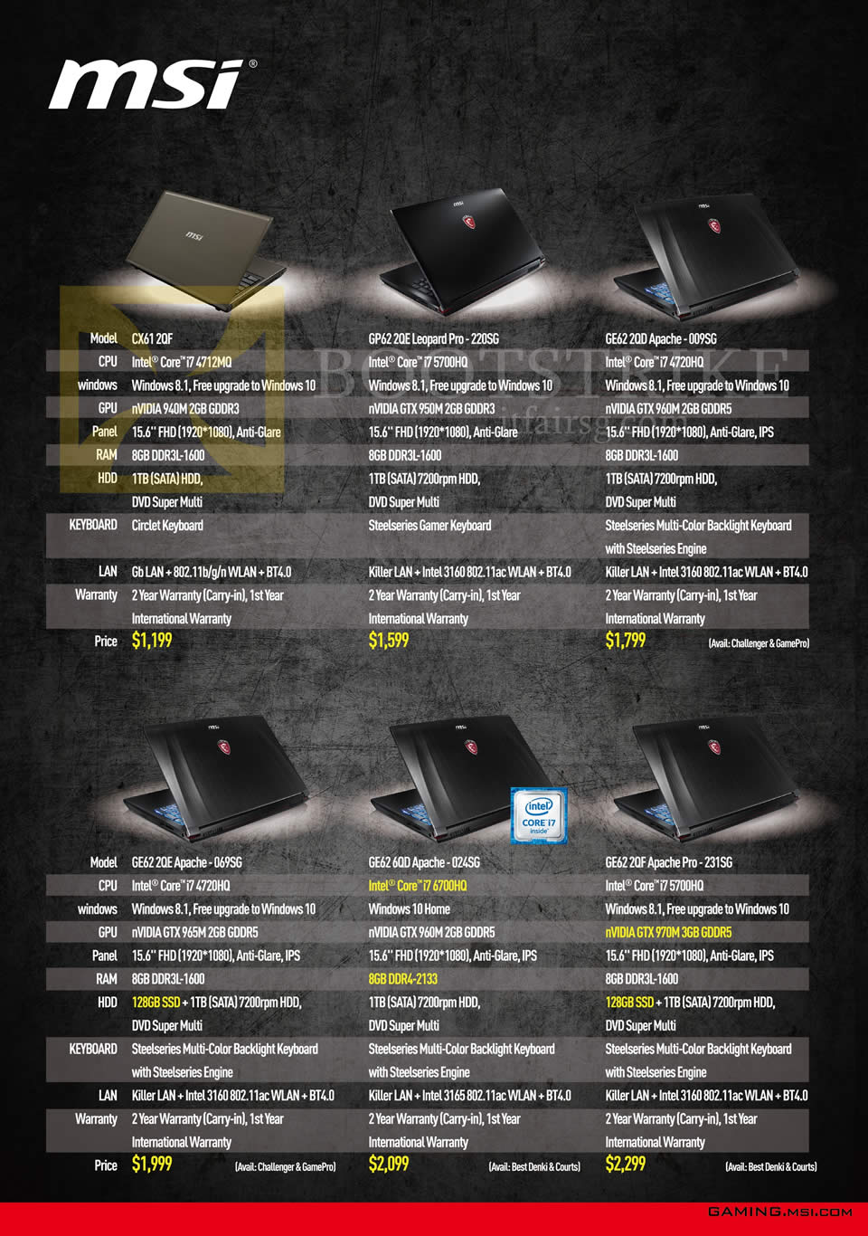 SITEX 2015 price list image brochure of MSI Notebooks CX6120F, GP62 2QE Leopard Pro 220SG, GE62 2QD Apache 009SG, GE62 2QE Apache 069SG, GE62 6QD Apache 024SG, GE622QF Apache Pro 231SG