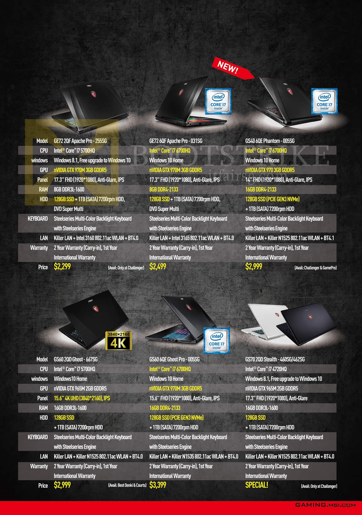 SITEX 2015 price list image brochure of MSI Notebooks GE72 2QF Apache Pro 255SG, GE72 6QF Apache Pro 031SG, GS40 6QE Phantom 005SG, GS60 2QD Ghost 667SG, GS60 6QE Ghost Pro 005SG