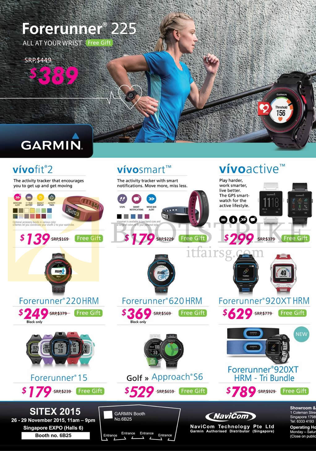 SITEX 2015 price list image brochure of Navicom Garmin GPS Watches Vivoactive, Vivofit 2, Vivosmart, Forerunner 920Xt, 620, 220, 15, Golf Approach S6, Forerunner 920XT HRM