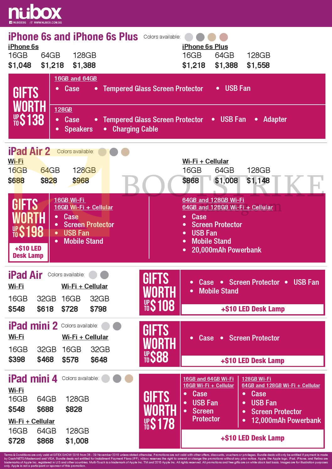 SITEX 2015 price list image brochure of Nubox Apple IPhone 6s, 6s Plus, IPad Air 2, IPad Air, IPad Mini 2, IPad Mini 4, Free Gifts