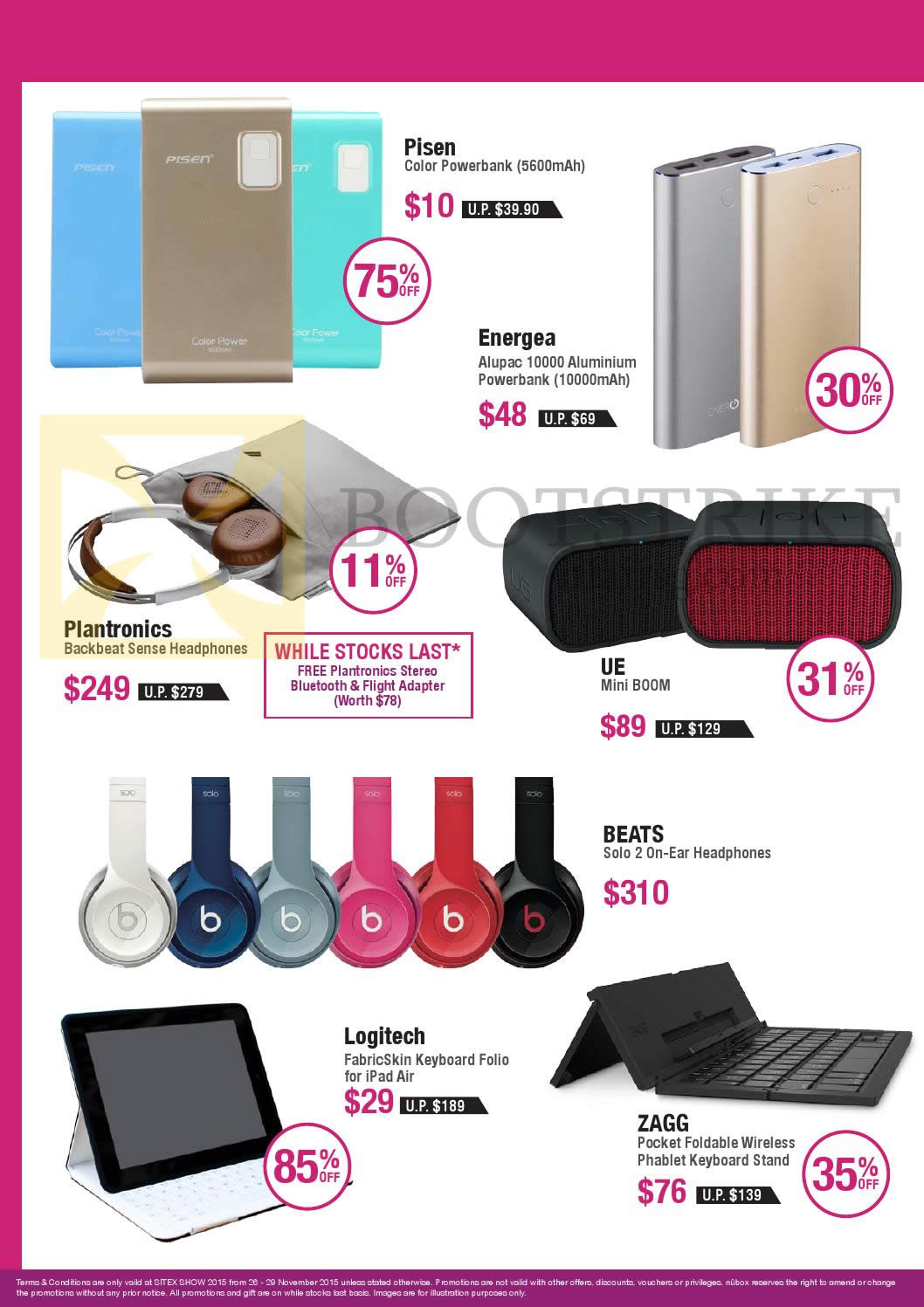 SITEX 2015 price list image brochure of Nubox Powerbanks, Speaker, Headphones, Folio Keyboard, Wireless Phablet Keyboard Stand