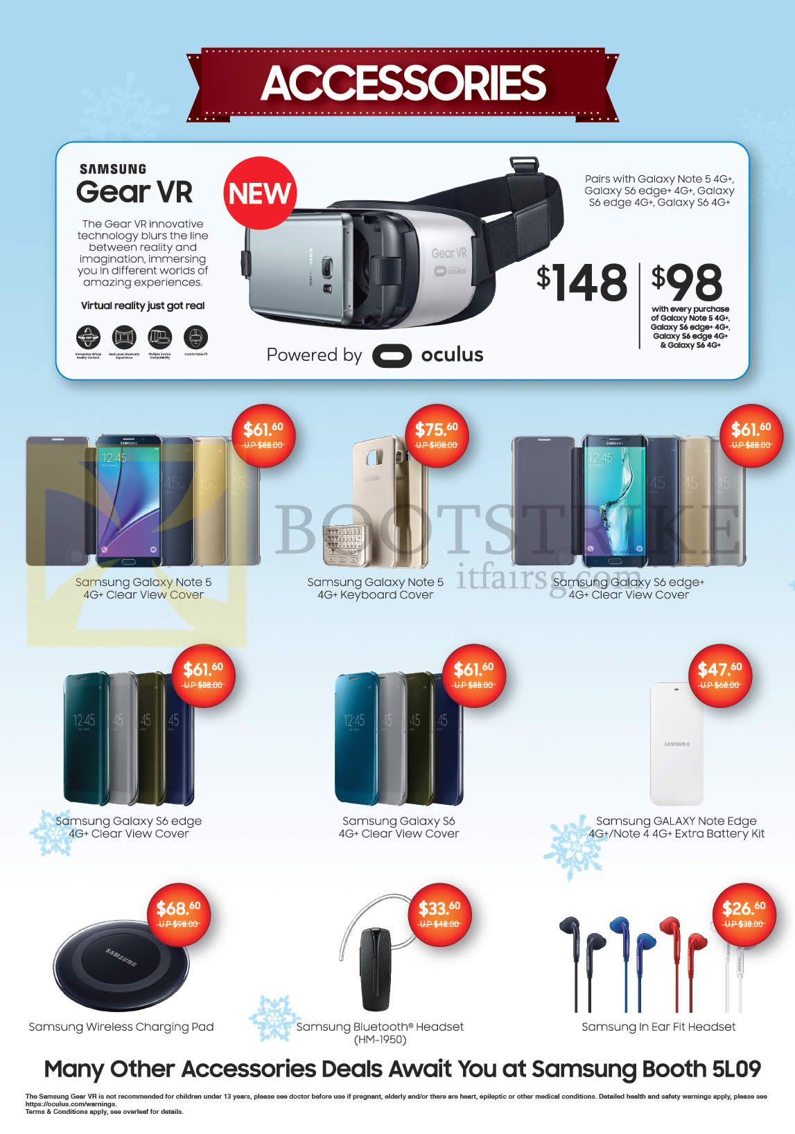 SITEX 2015 price list image brochure of Samsung Accessories Gear VR, View Cover, Keyboard Cover, Clear View Cover, Extra Battery Kit, Charging Pad, Bluetooth, Ear Fit Headset