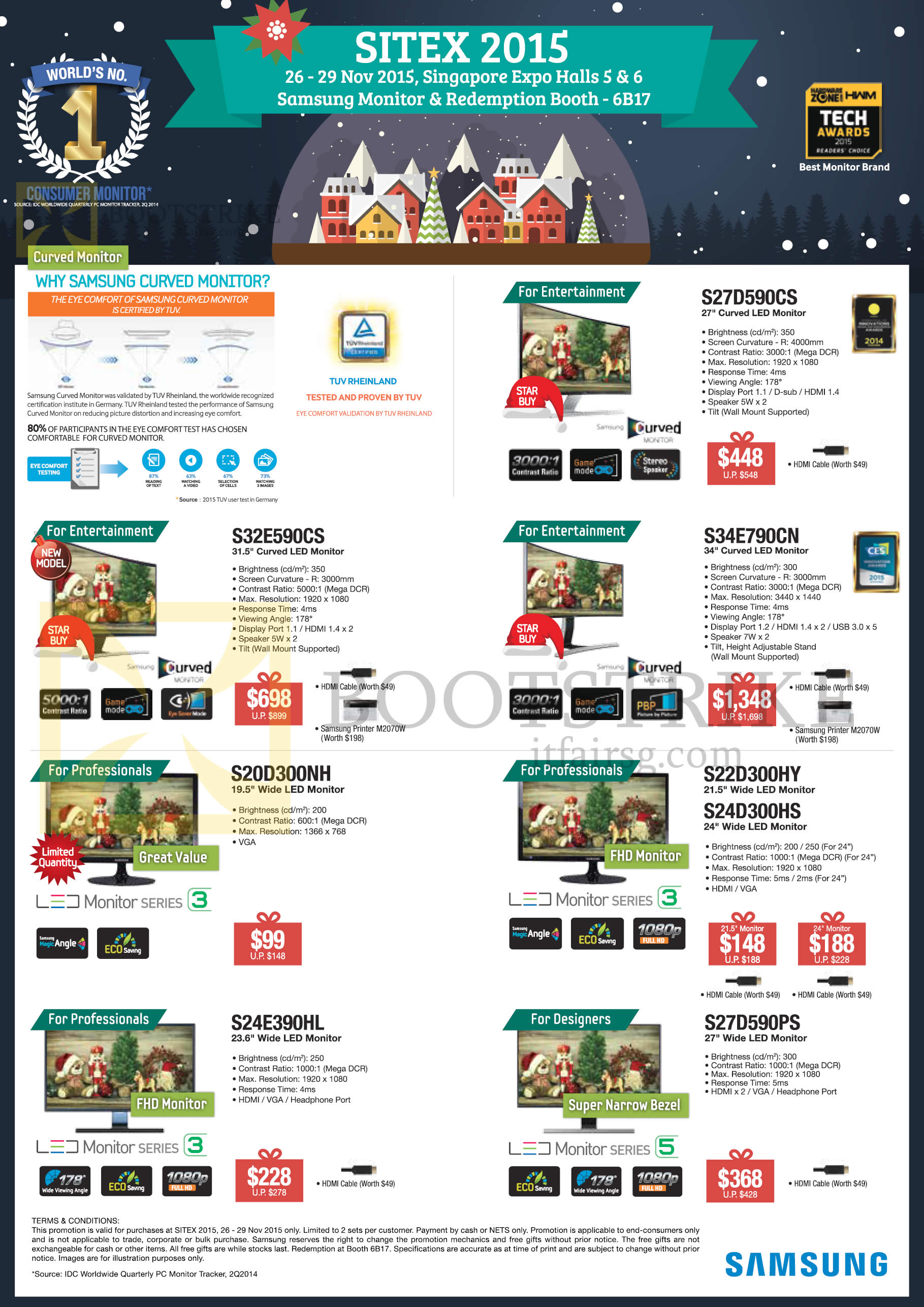 SITEX 2015 price list image brochure of Samsung Monitors LED S32E590CS, S20D300NH, S24E390HL, S27D590CS, S34E790CN, S22D300HY, S24D300HS, S27D590PS