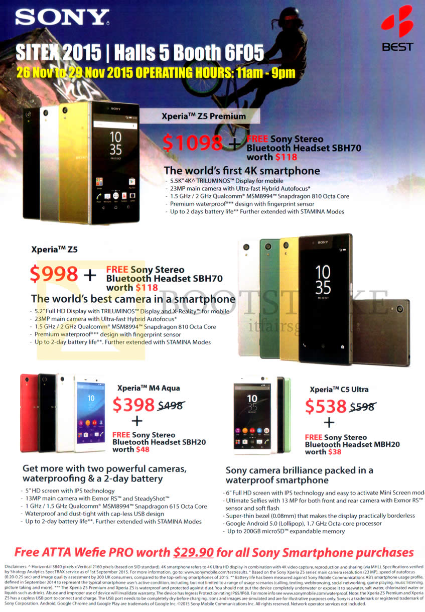 SITEX 2015 price list image brochure of Sony Smartphones Best Denki Xperia Z5 Premium, Z5, M4 Aqua, C5 Ultra
