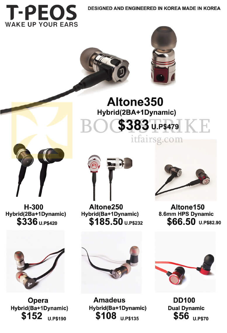 SITEX 2015 price list image brochure of Treoo T-Peos Earphones Altone 350, 250, 150, H-300, Opera, Amadeus, DD100